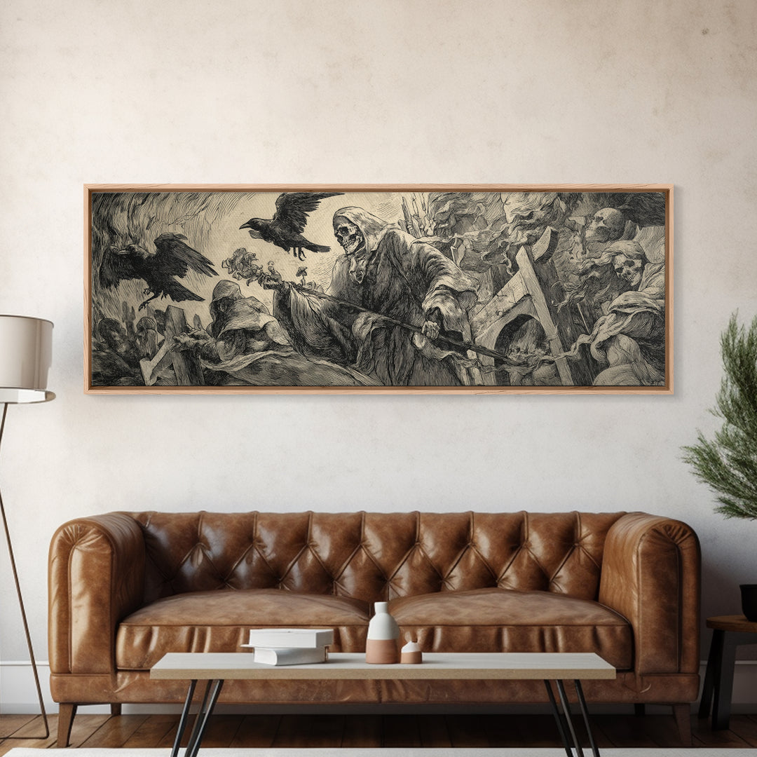 The Cemetery Lantern Festival, Renaissance Engraving Art, Extra Wide Wall Art, Macabre Wall Art, Canvas Print, Halloween Wall Art
