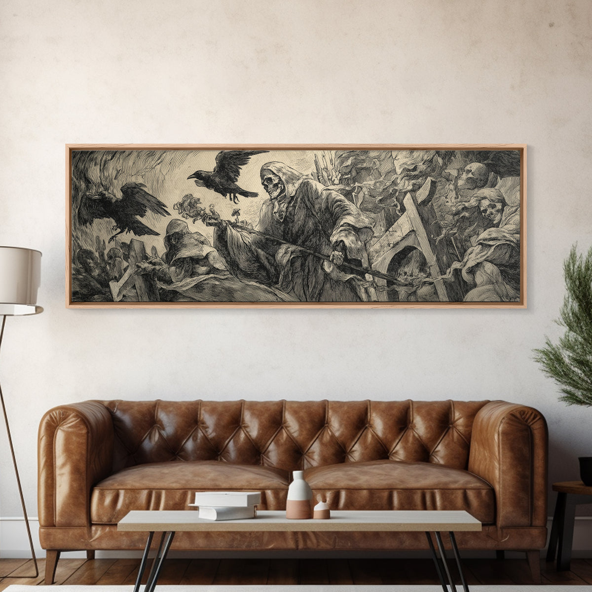 The Cemetery Lantern Festival, Renaissance Engraving Art, Extra Wide Wall Art, Macabre Wall Art, Canvas Print, Halloween Wall Art