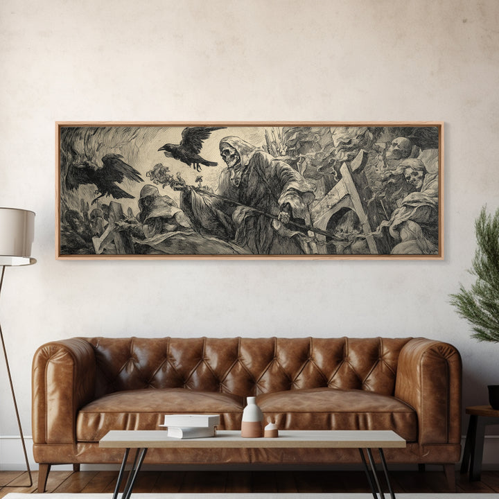 The Cemetery Lantern Festival, Renaissance Engraving Art, Extra Wide Wall Art, Macabre Wall Art, Canvas Print, Halloween Wall Art