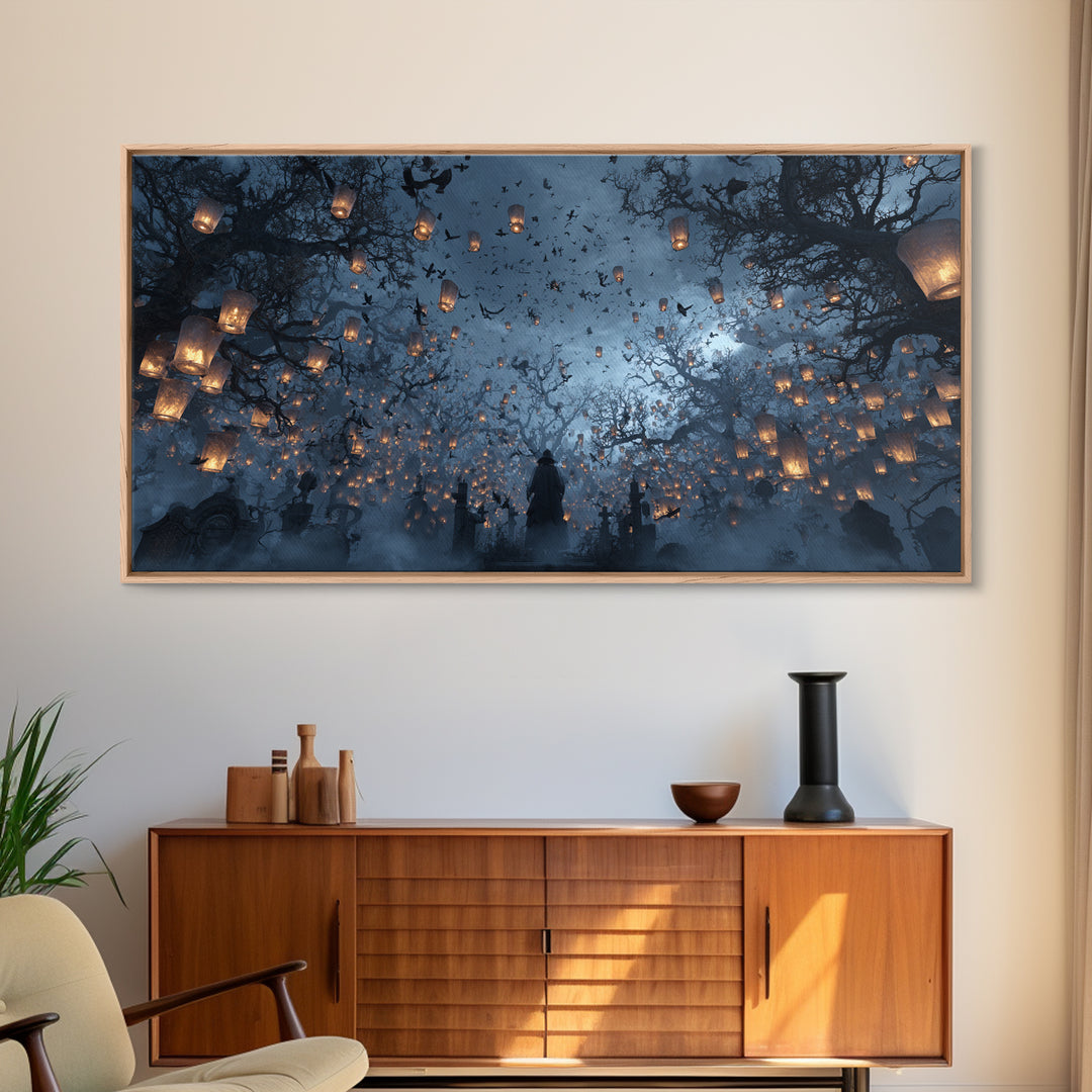 The Cemetery Lantern Festival, Baroque Witchcraft Art, Wide Panoramic Art, Macabre Wall Art, Framed Canvas Print, Halloween Wall Art