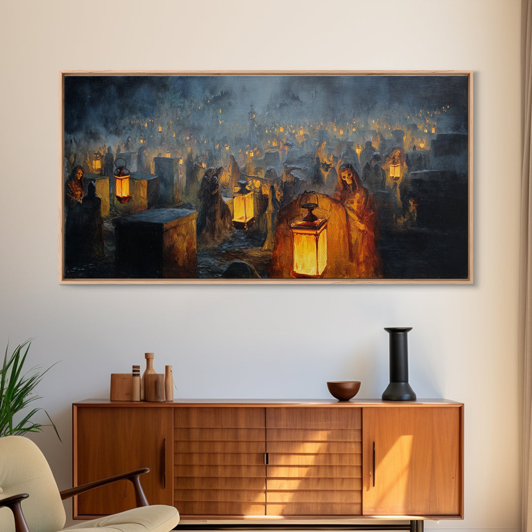 The Cemetery Lantern Festival, Dark Romantic Horror Art, Wide Panoramic Art, Gothic Horror Wall Art, Framed Canvas Print
