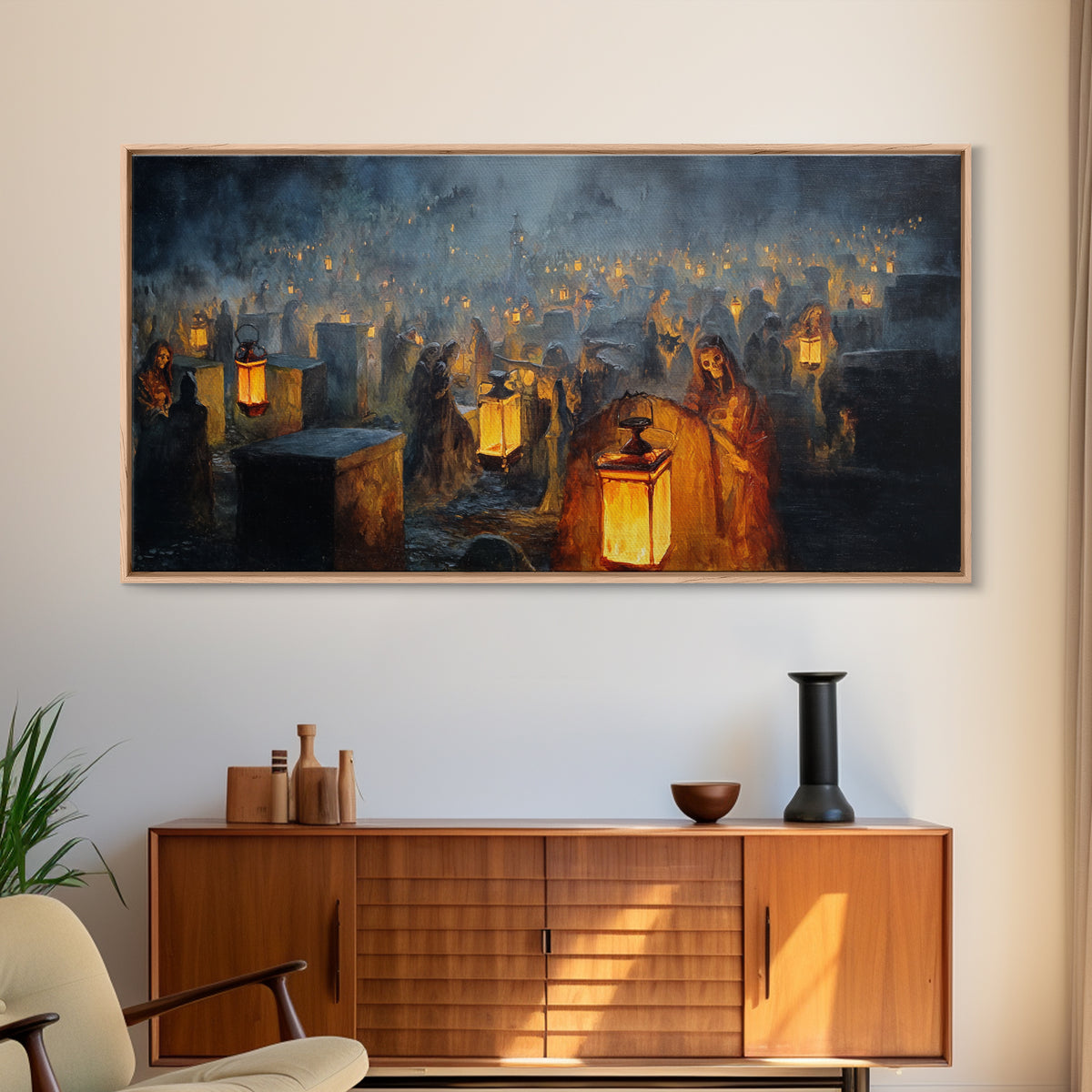 The Cemetery Lantern Festival, Dark Romantic Horror Art, Wide Panoramic Art, Gothic Horror Wall Art, Framed Canvas Print