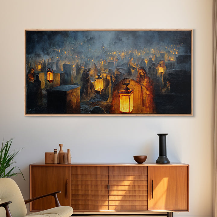 The Cemetery Lantern Festival, Dark Romantic Horror Art, Wide Panoramic Art, Gothic Horror Wall Art, Framed Canvas Print