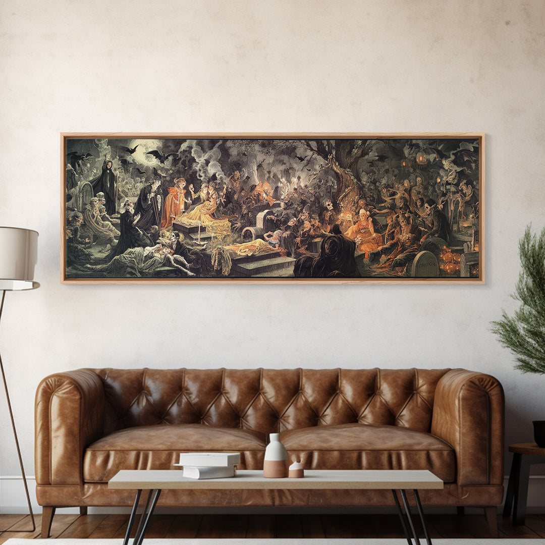 The Cemetery Lantern Festival, Gothic Nightmare Art, Extra Wide Wall Art, Dark Fantasy Wall Art, Canvas Print, Halloween Wall Art