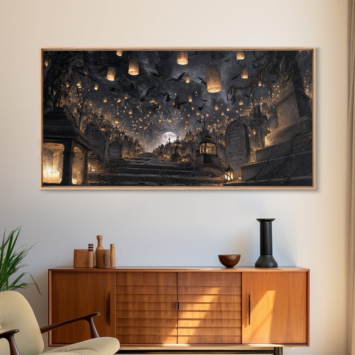 The Cemetery Lantern Festival, Architectural Etching Art, Wide Panoramic Art, Gothic Horror Wall Art, Framed Canvas Print