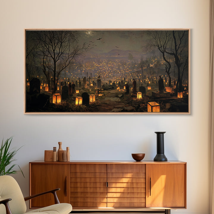 The Cemetery Lantern Festival, Romantic Gothic Landscape, Wide Panoramic Art, Dark Fantasy Wall Art, Framed Canvas Print