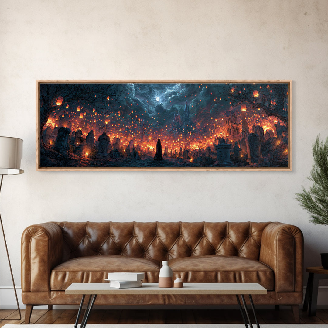 The Cemetery Lantern Festival, Apocalyptic Romantic Art, Extra Wide Wall Art, Dark Fantasy Wall Art, Framed Canvas Print, Halloween Wall Art