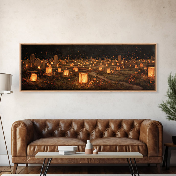 The Cemetery Lantern Festival, Symbolist Dream Art, Extra Wide Wall Art, Dark Fantasy Wall Art, Framed Canvas Print, Halloween Decor
