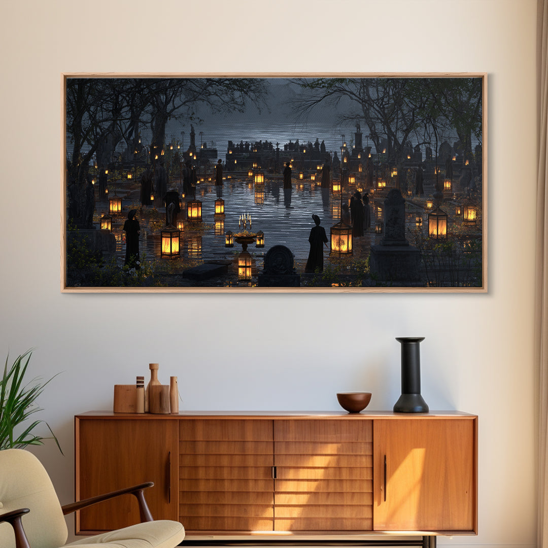 The Cemetery Lantern Festival, Symbolist Gothic Landscape, Wide Panoramic Art, Dark Fantasy Wall Art, Canvas Print, Halloween Wall Art