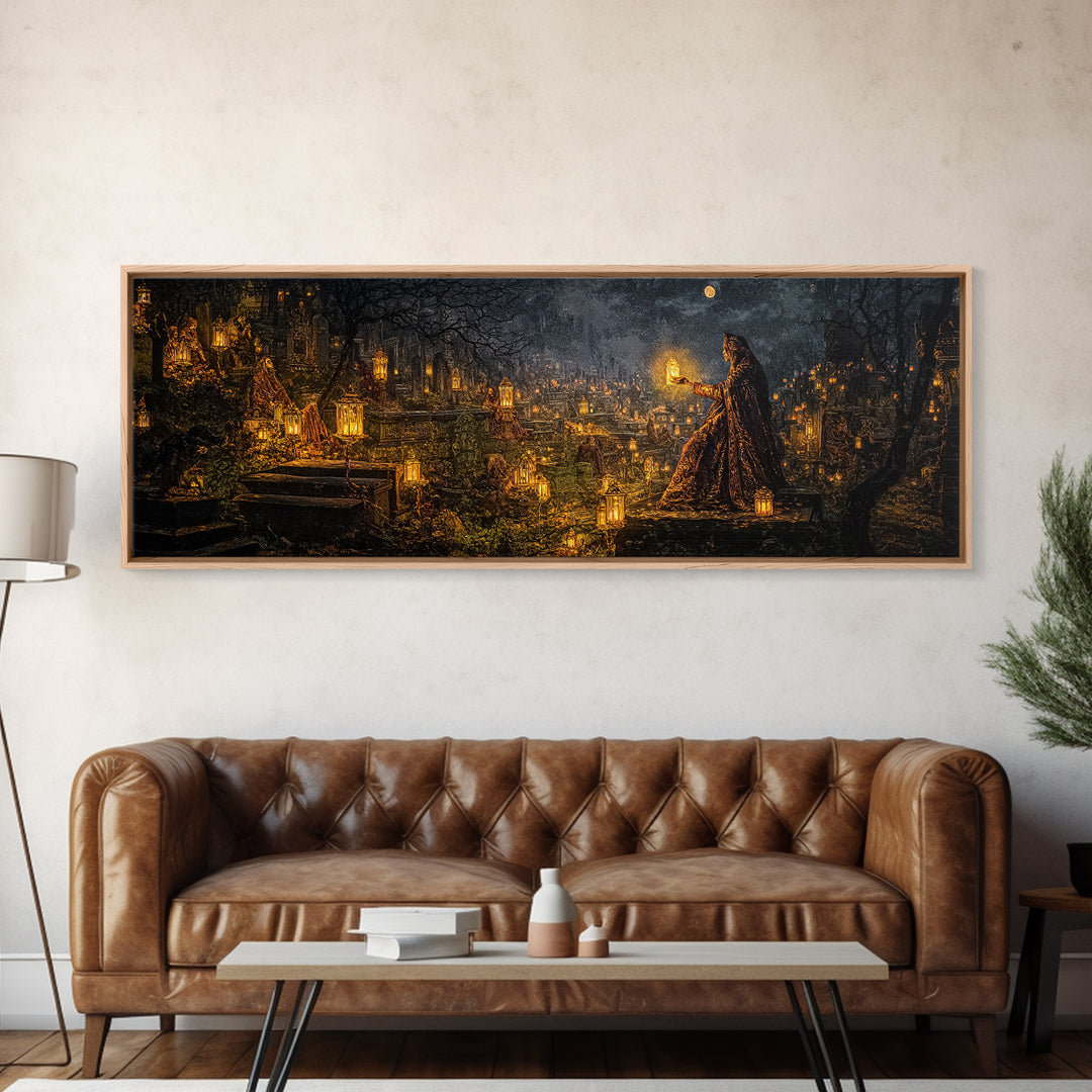 The Cemetery Lantern Festival, Ornate Symbolist Art, Extra Wide Wall Art, Macabre Wall Art, Canvas Print, Halloween Wall Art