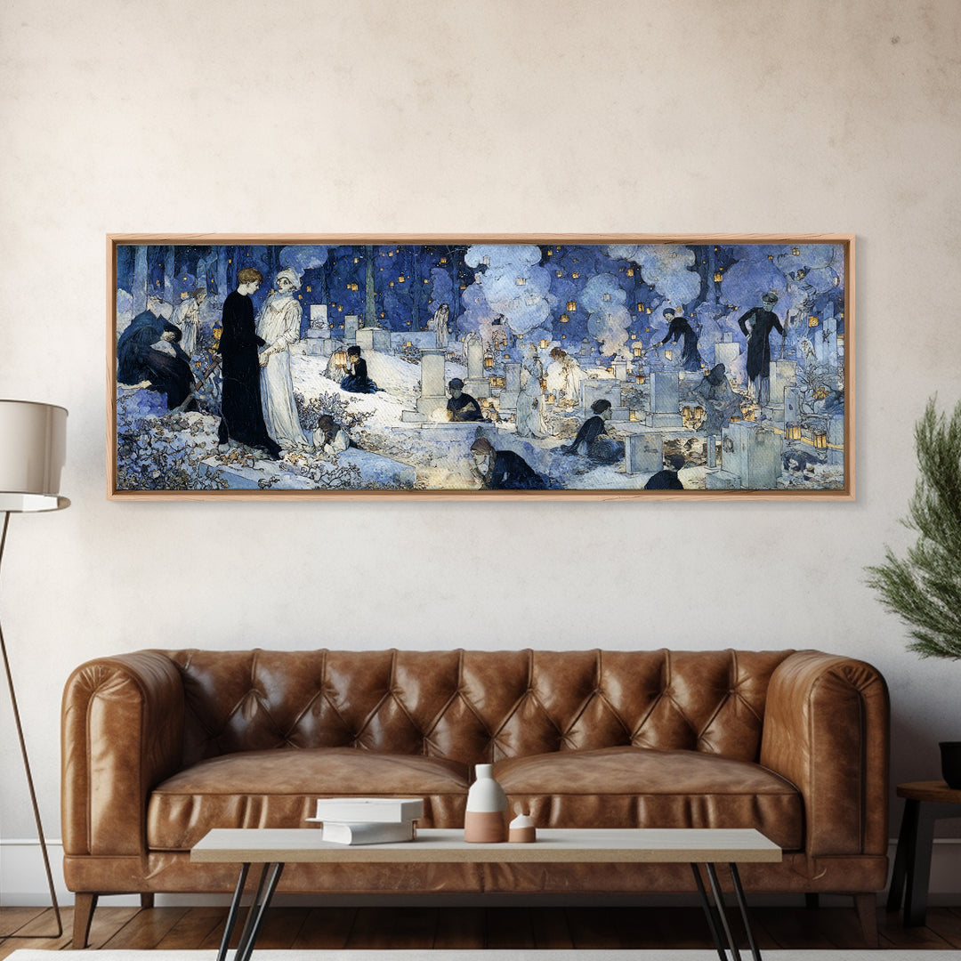 The Cemetery Lantern Festival, Symbolist Death Art, Extra Wide Wall Art, Macabre Wall Art, Framed Canvas Print, Halloween Wall Art