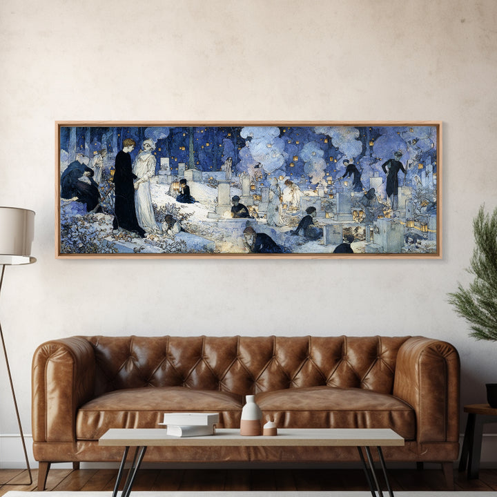 The Cemetery Lantern Festival, Symbolist Death Art, Extra Wide Wall Art, Macabre Wall Art, Framed Canvas Print, Halloween Wall Art