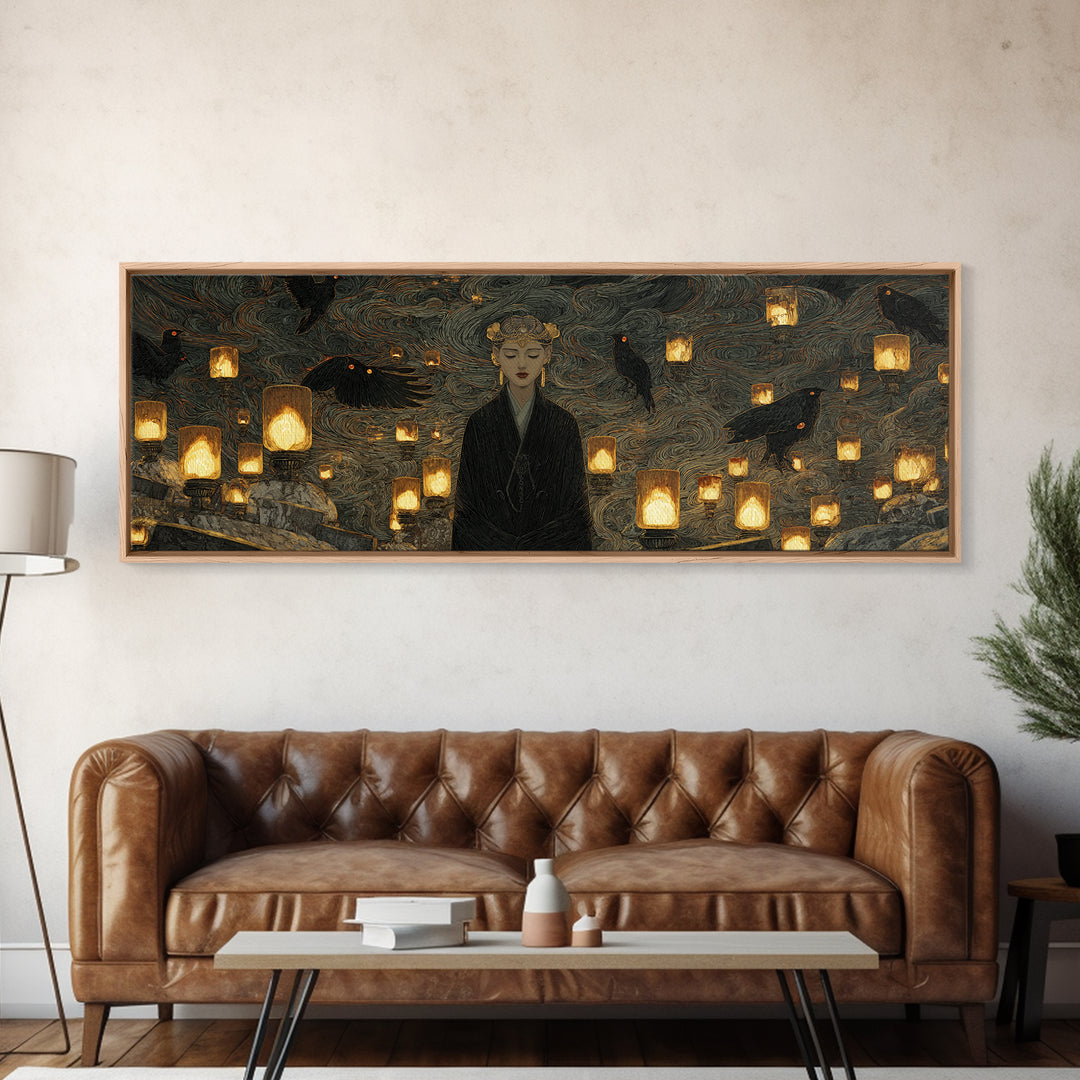 The Cemetery Lantern Festival, Dark Symbolist Art, Extra Wide Wall Art, Macabre Wall Art, Canvas Print, Halloween Wall Art