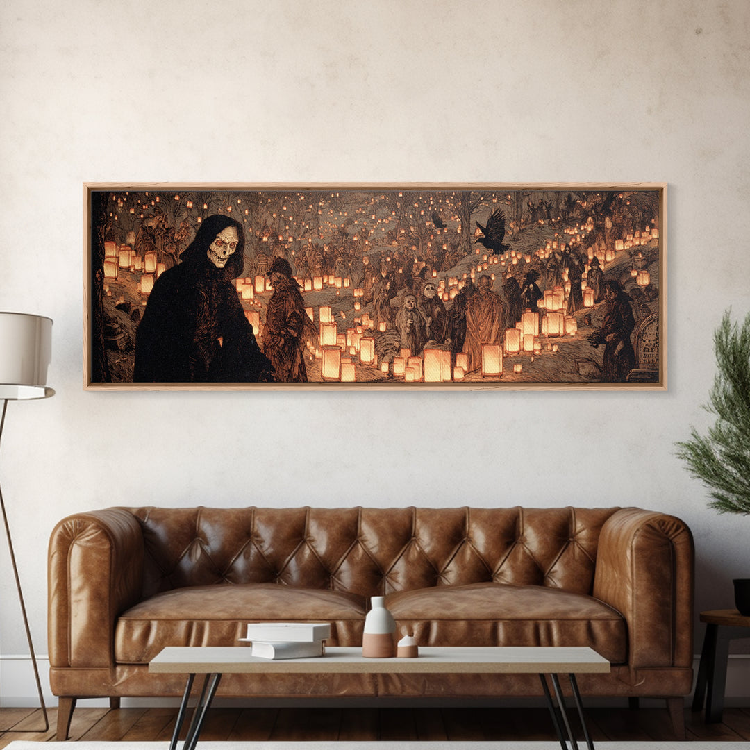 The Cemetery Lantern Festival, Symbolist Etching Art, Extra Wide Wall Art, Macabre Wall Art, Canvas Print, Halloween Wall Art