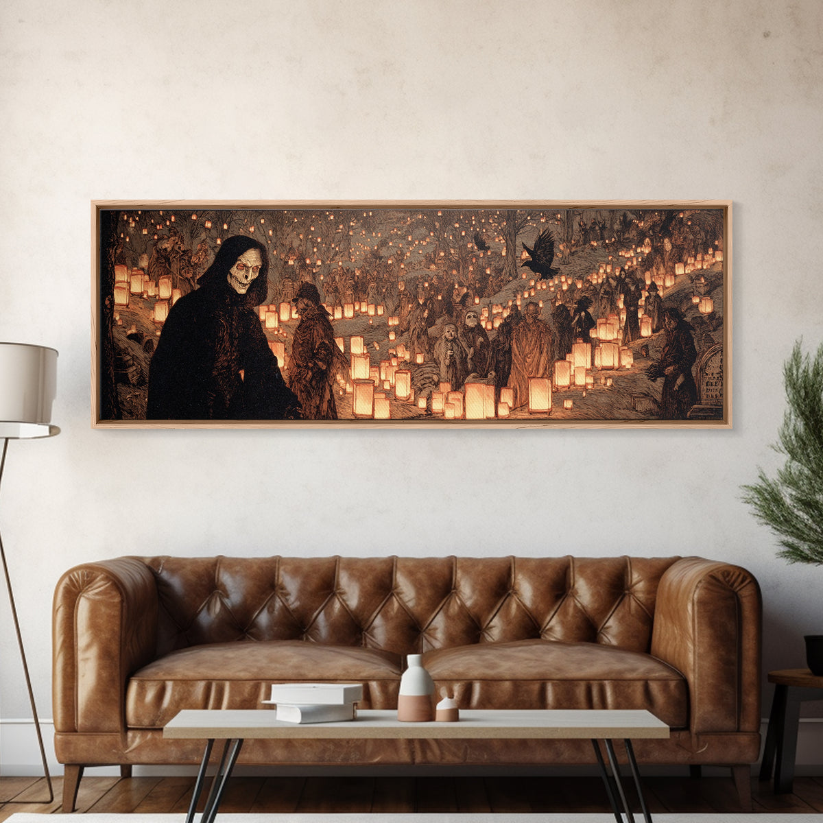 The Cemetery Lantern Festival, Symbolist Etching Art, Extra Wide Wall Art, Macabre Wall Art, Canvas Print, Halloween Wall Art