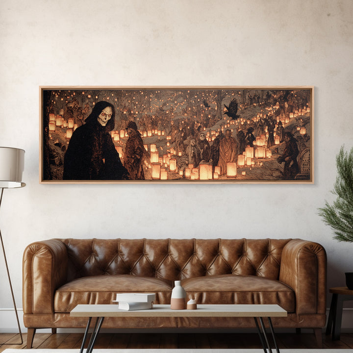 The Cemetery Lantern Festival, Symbolist Etching Art, Extra Wide Wall Art, Macabre Wall Art, Canvas Print, Halloween Wall Art