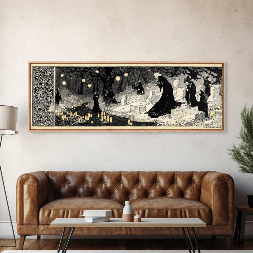 The Cemetery Lantern Festival, Decadent Line Art, Extra Wide Wall Art, Macabre Wall Art, Framed Canvas Print, Halloween Wall Art