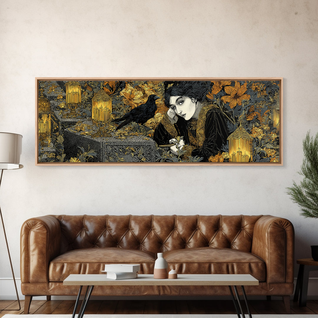 The Cemetery Lantern Festival, Stained Glass Gothic Art, Extra Wide Wall Art, Dark Halloween Decor, Framed Canvas Print, Halloween Wall Art