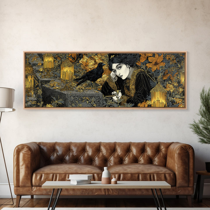 The Cemetery Lantern Festival, Stained Glass Gothic Art, Extra Wide Wall Art, Dark Halloween Decor, Framed Canvas Print, Halloween Wall Art