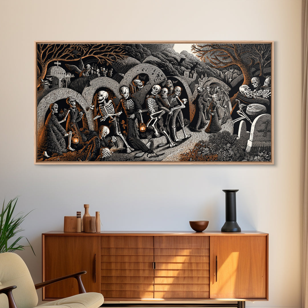 The Cemetery Lantern Festival, Macabre Folk Print Art, Wide Panoramic Art, Dark Halloween Decor, Framed Canvas Print