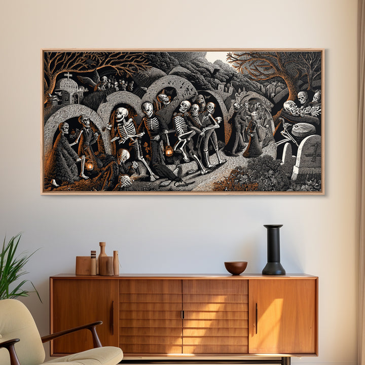 The Cemetery Lantern Festival, Macabre Folk Print Art, Wide Panoramic Art, Dark Halloween Decor, Framed Canvas Print