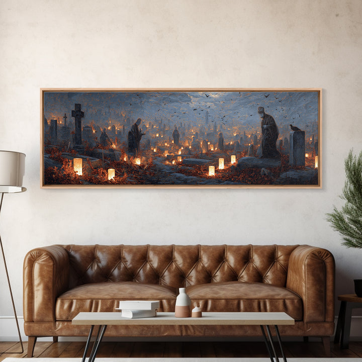 The Cemetery Lantern Festival, Surreal Apocalyptic Art, Extra Wide Wall Art, Gothic Horror Wall Art, Canvas Print, Halloween Decor