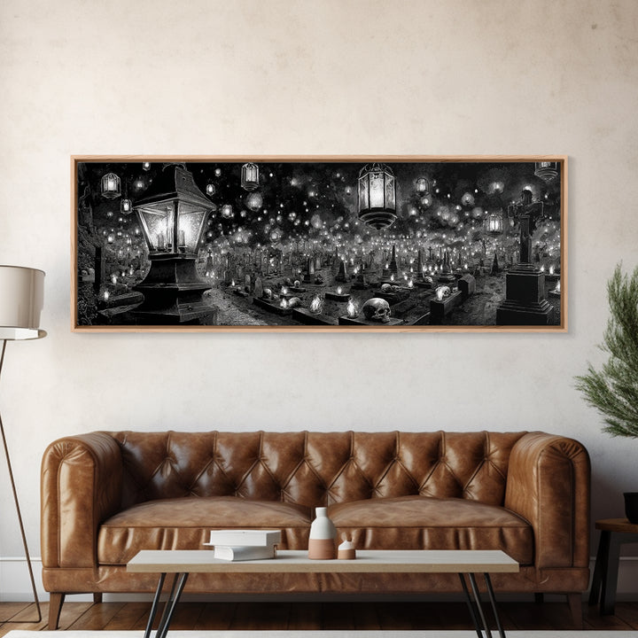 The Cemetery Lantern Festival, Biomechanical Horror Art, Extra Wide Wall Art, Gothic Horror Wall Art, Framed Canvas Print