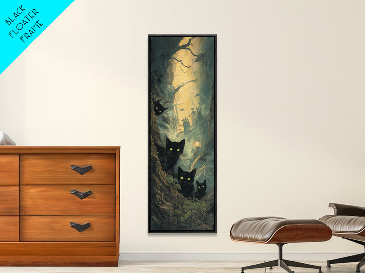 The Black Cat Gathering, Gothic Engraving Art, Tall Narrow Wall Art, Gothic Horror Wall Art, Framed Canvas Print, Halloween Wall Art