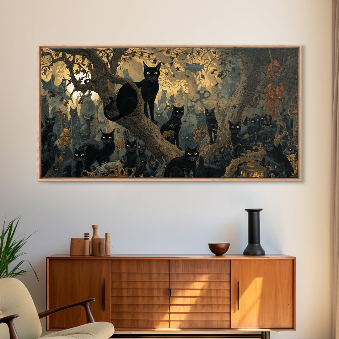 The Black Cat Gathering, Medieval Grotesque Art, Wide Panoramic Art, Dark Fantasy Wall Art, Canvas Print, Halloween Wall Art