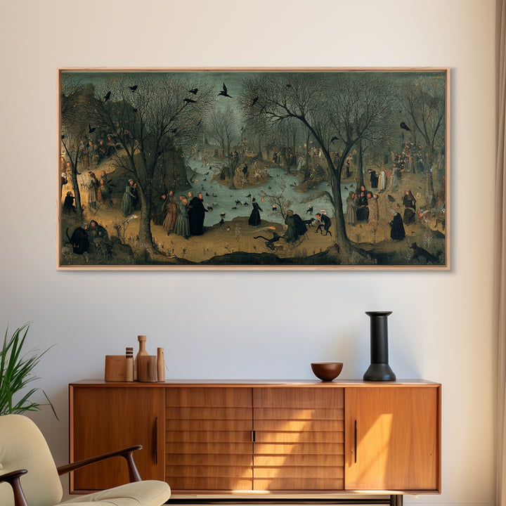 The Black Cat Gathering, Northern Renaissance Horror, Wide Panoramic Art, Gothic Horror Wall Art, Framed Canvas Print