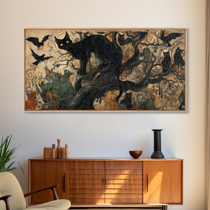 The Black Cat Gathering, Dark Renaissance Art, Wide Panoramic Art, Dark Halloween Decor, Canvas Print, Halloween Wall Art