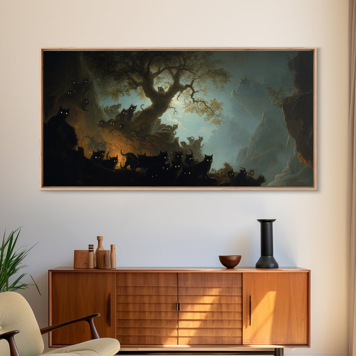 The Black Cat Gathering, Baroque Witchcraft Art, Wide Panoramic Art, Dark Fantasy Wall Art, Framed Canvas Print, Halloween Wall Art