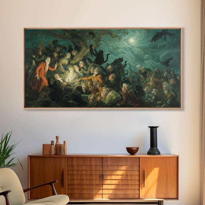 The Black Cat Gathering, Gothic Nightmare Art, Wide Panoramic Art, Macabre Wall Art, Canvas Print, Halloween Wall Art