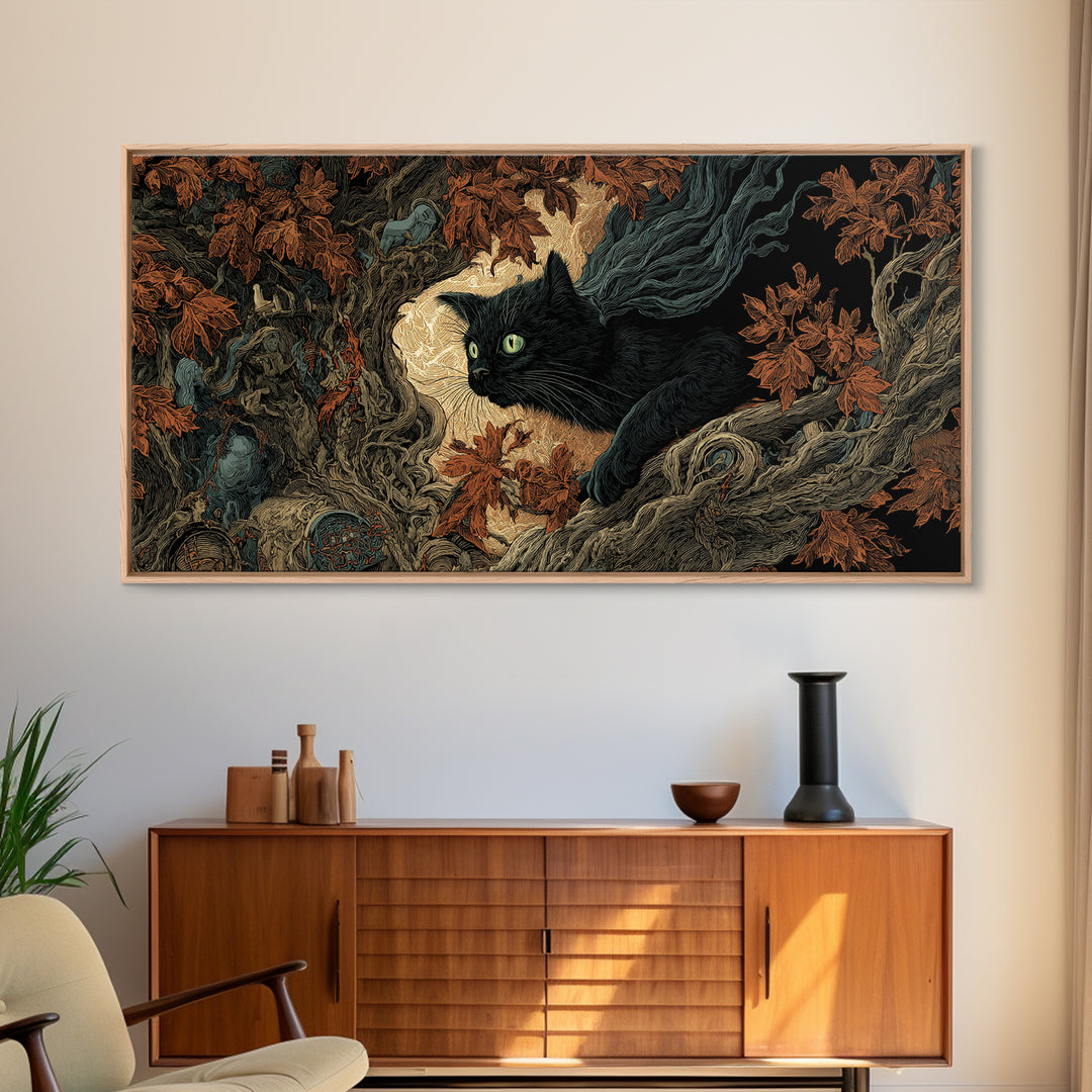 The Black Cat Gathering, Visionary Gothic Art, Wide Panoramic Art, Dark Halloween Decor, Framed Canvas Print, Halloween Wall Art