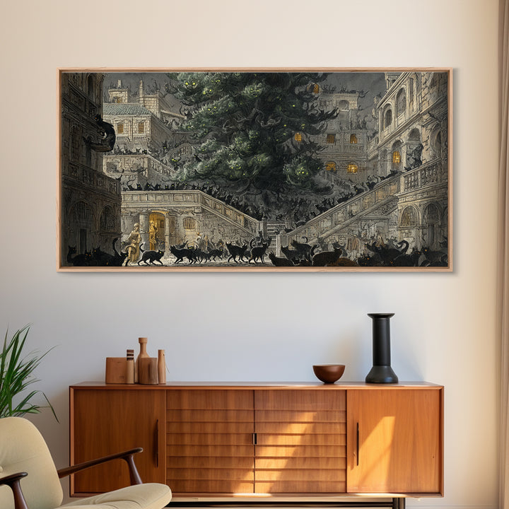 The Black Cat Gathering, Architectural Etching Art, Wide Panoramic Art, Macabre Wall Art, Canvas Print, Halloween Wall Art