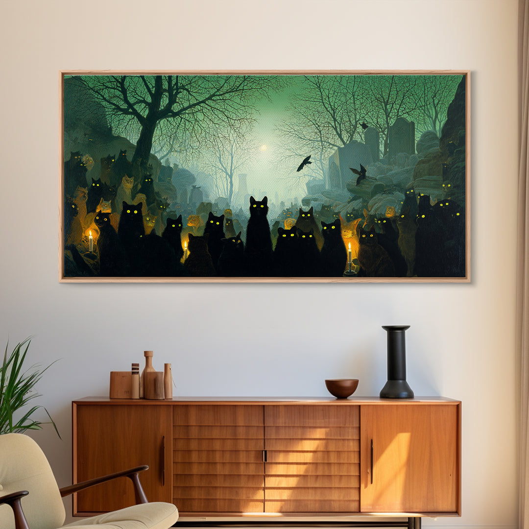 The Black Cat Gathering, Romantic Gothic Landscape, Wide Panoramic Art, Dark Fantasy Wall Art, Canvas Print, Halloween Wall Art