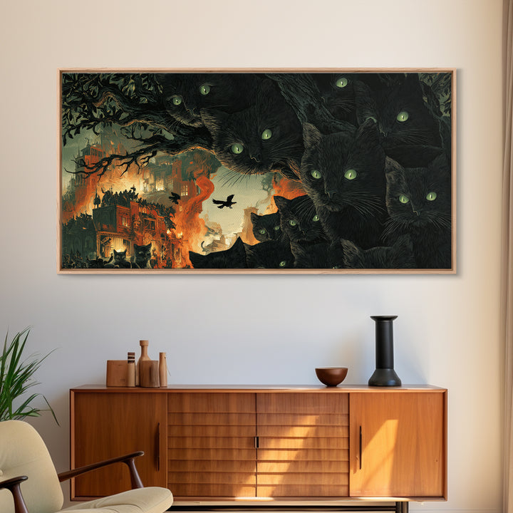 The Black Cat Gathering, Apocalyptic Romantic Art, Wide Panoramic Art, Macabre Wall Art, Framed Canvas Print, Halloween Wall Art