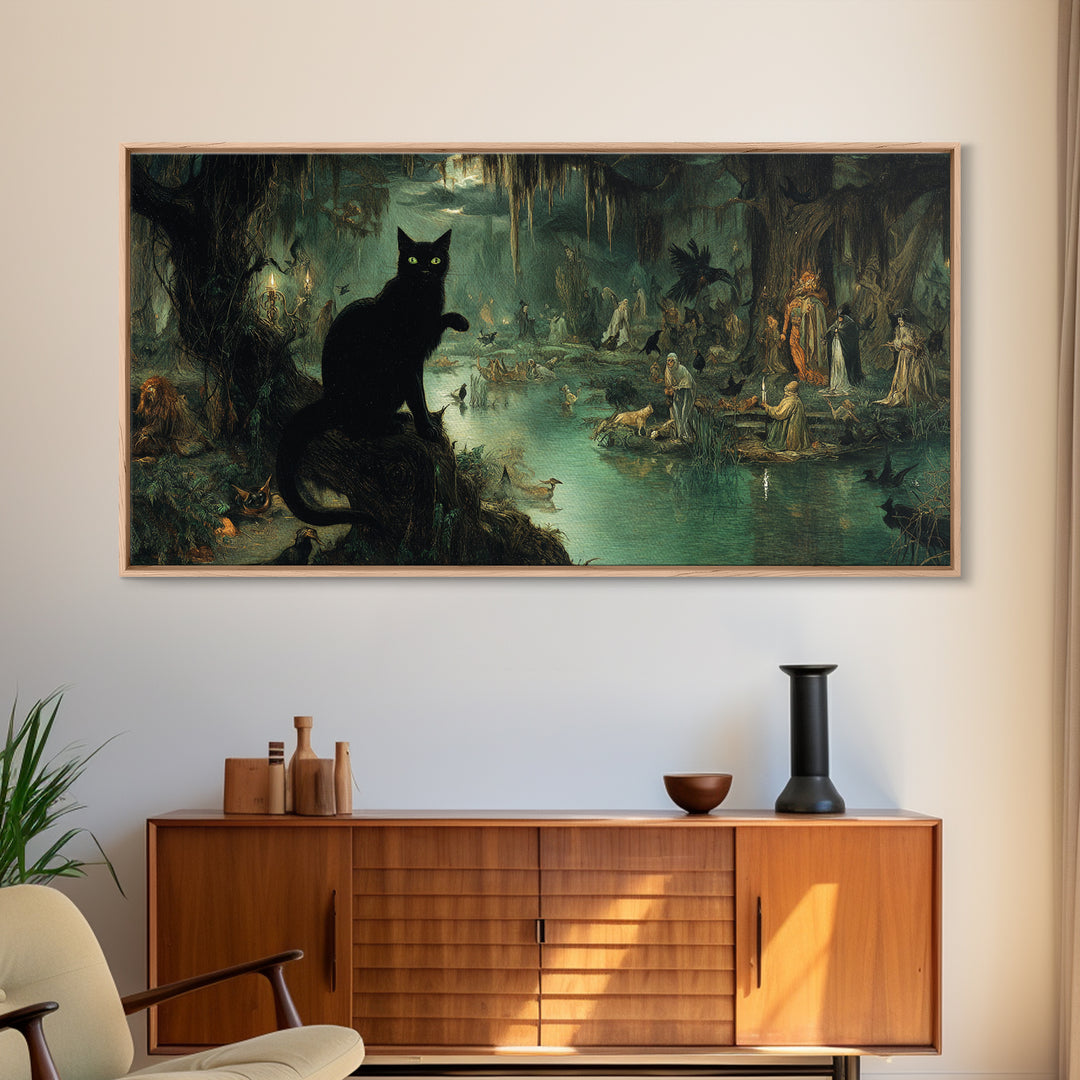 The Black Cat Gathering, Symbolist Gothic Landscape, Wide Panoramic Art, Dark Fantasy Wall Art, Framed Canvas Print, Halloween Wall Art