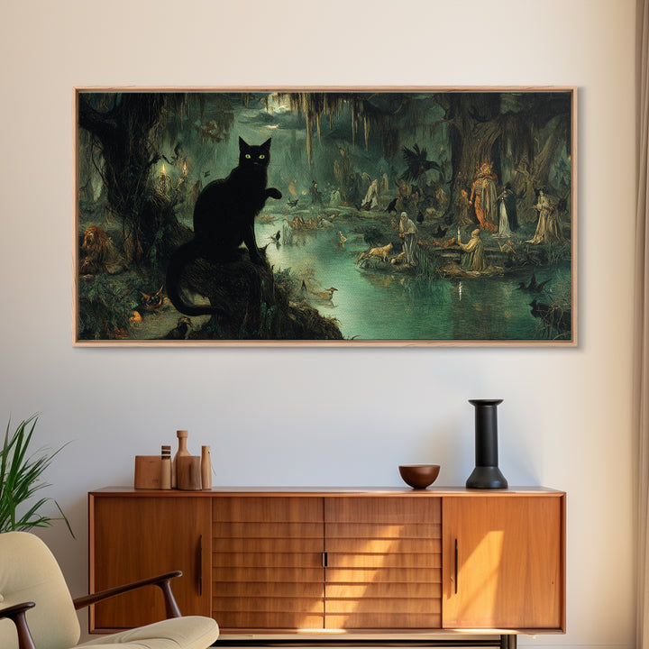 The Black Cat Gathering, Symbolist Gothic Landscape, Wide Panoramic Art, Dark Fantasy Wall Art, Framed Canvas Print, Halloween Wall Art