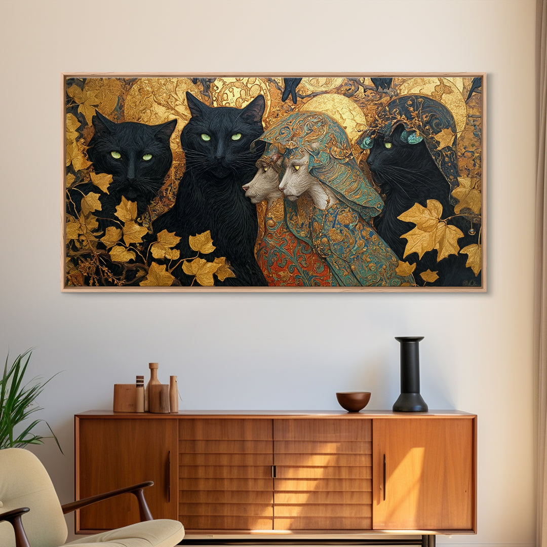The Black Cat Gathering, Ornate Symbolist Art, Wide Panoramic Art, Gothic Horror Wall Art, Canvas Print, Halloween Wall Art