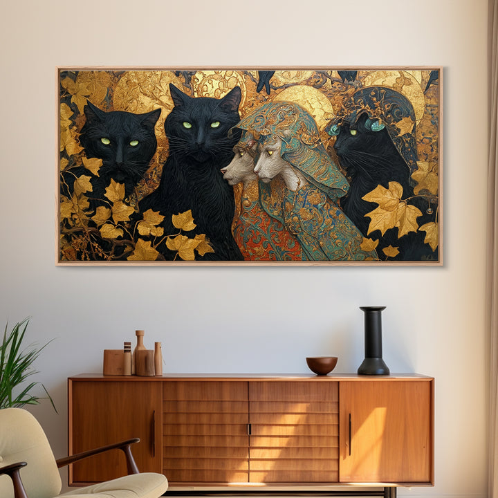 The Black Cat Gathering, Ornate Symbolist Art, Wide Panoramic Art, Gothic Horror Wall Art, Canvas Print, Halloween Wall Art