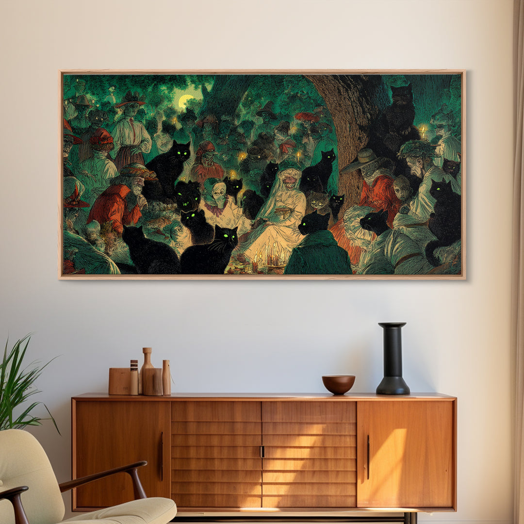 The Black Cat Gathering, Decadent Gothic Art, Wide Panoramic Art, Gothic Horror Wall Art, Canvas Print, Halloween Wall Art