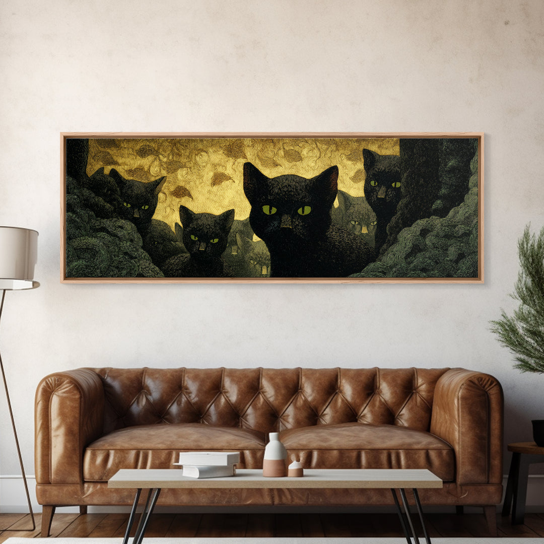 The Black Cat Gathering, Dark Symbolist Art, Extra Wide Wall Art, Dark Fantasy Wall Art, Canvas Print, Halloween Wall Art