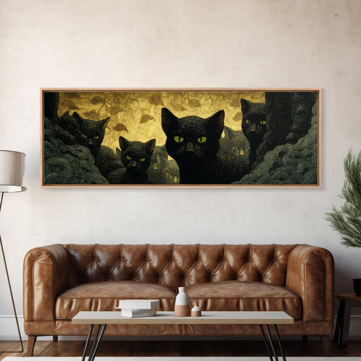 The Black Cat Gathering, Dark Symbolist Art, Extra Wide Wall Art, Dark Fantasy Wall Art, Canvas Print, Halloween Wall Art