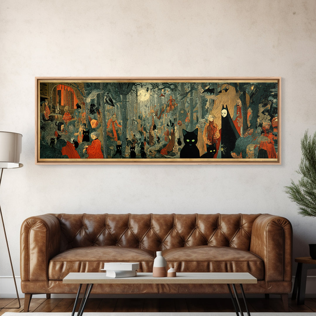 The Black Cat Gathering, Symbolist Etching Art, Extra Wide Wall Art, Macabre Wall Art, Canvas Print, Halloween Wall Art