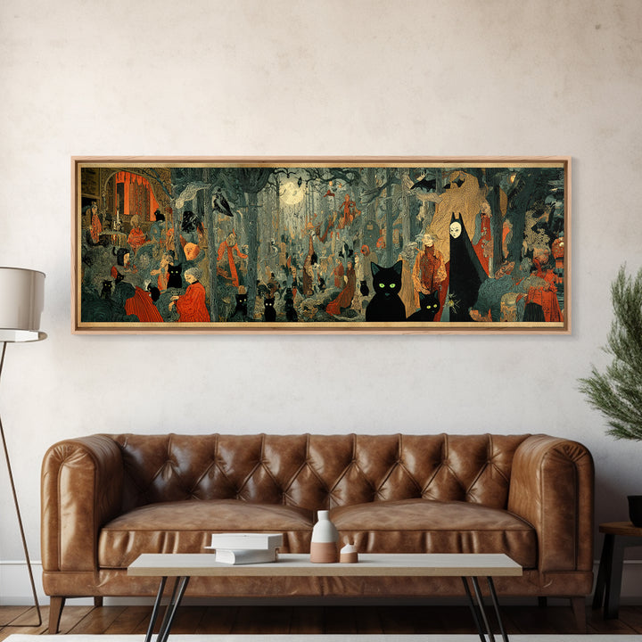 The Black Cat Gathering, Symbolist Etching Art, Extra Wide Wall Art, Macabre Wall Art, Canvas Print, Halloween Wall Art