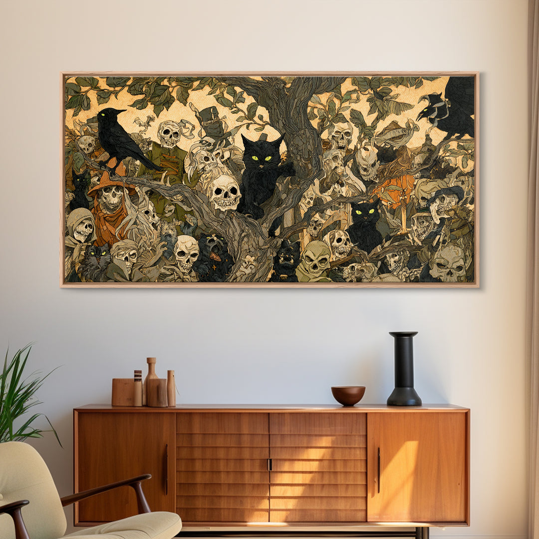The Black Cat Gathering, Grotesque Carnival Art, Wide Panoramic Art, Dark Halloween Decor, Framed Canvas Print, Halloween Wall Art