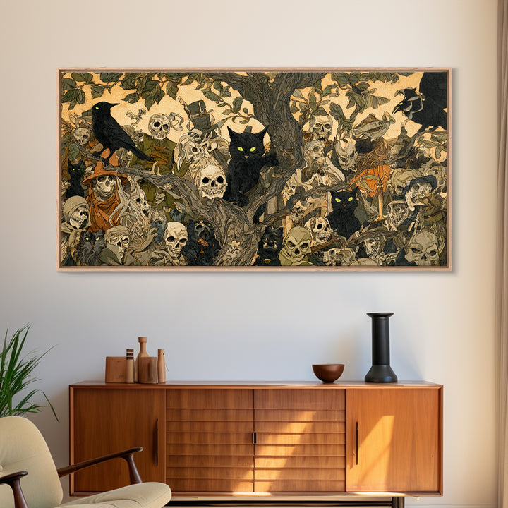 The Black Cat Gathering, Grotesque Carnival Art, Wide Panoramic Art, Dark Halloween Decor, Framed Canvas Print, Halloween Wall Art