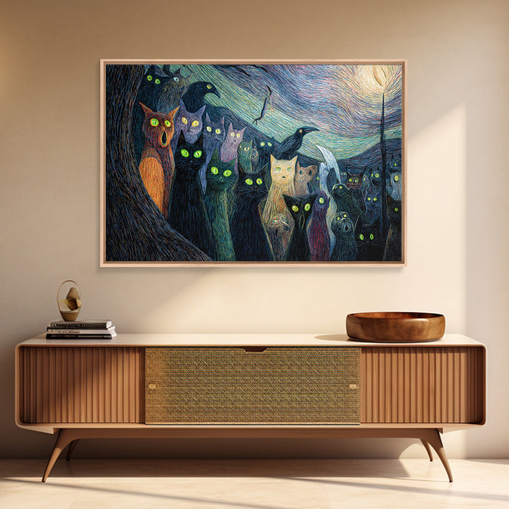 The Black Cat Gathering, Expressionist Gothic Art, Landscape Wall Art, Dark Halloween Decor, Canvas Print, Halloween Wall Art