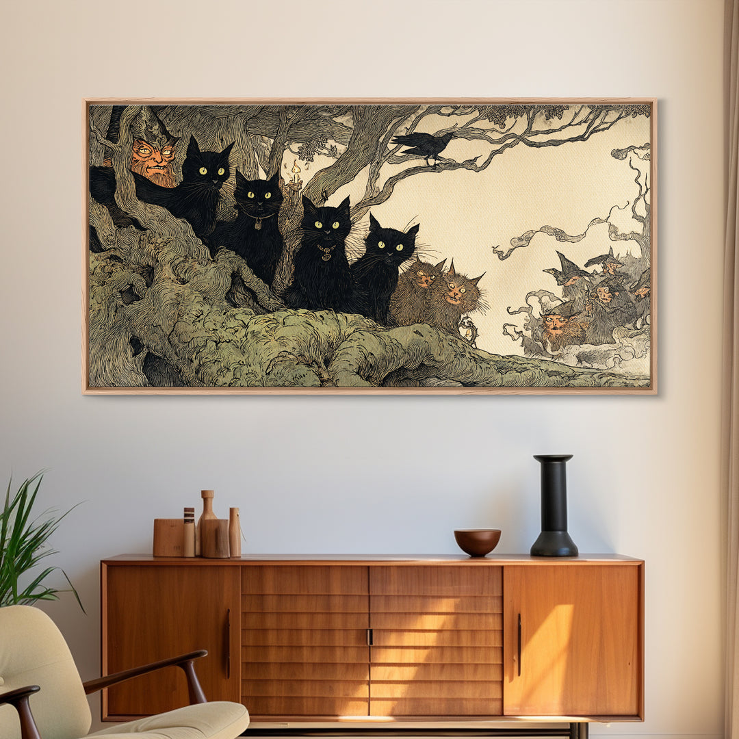 The Black Cat Gathering, Gothic Storybook Art, Wide Panoramic Art, Dark Halloween Decor, Framed Canvas Print, Halloween Wall Art